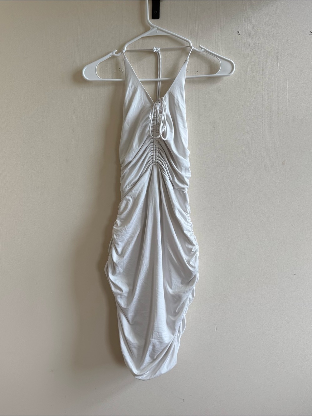 Princess Polly White Ruched Halter Mini Dress Open Back Bodycon Size 2
